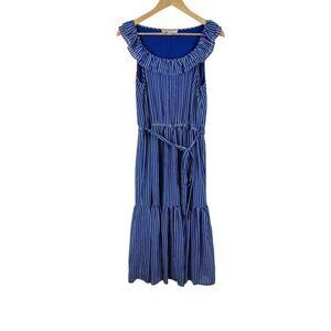 Michael Michael Kors Womens Blue Striped Midi Dress Size Medium Tiered Ruffles